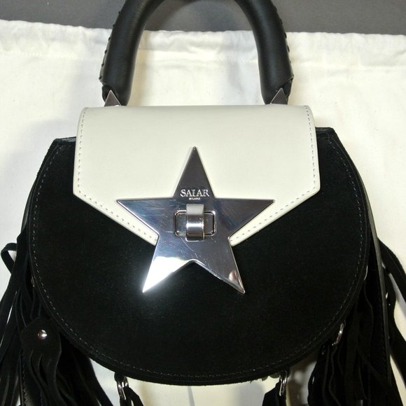 SALAR MILANO MIMI STAR FRINGE BAG, BLACK SUEDE WHITE CALFSKIN Rare COLOR COMBO - Picture 12 of 14